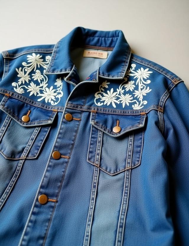 A vintage denim jacket featuring intricate white-thread embroidery.