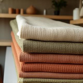 Textured bolts of natural fabrics in earthy tones stacked on a shelf.